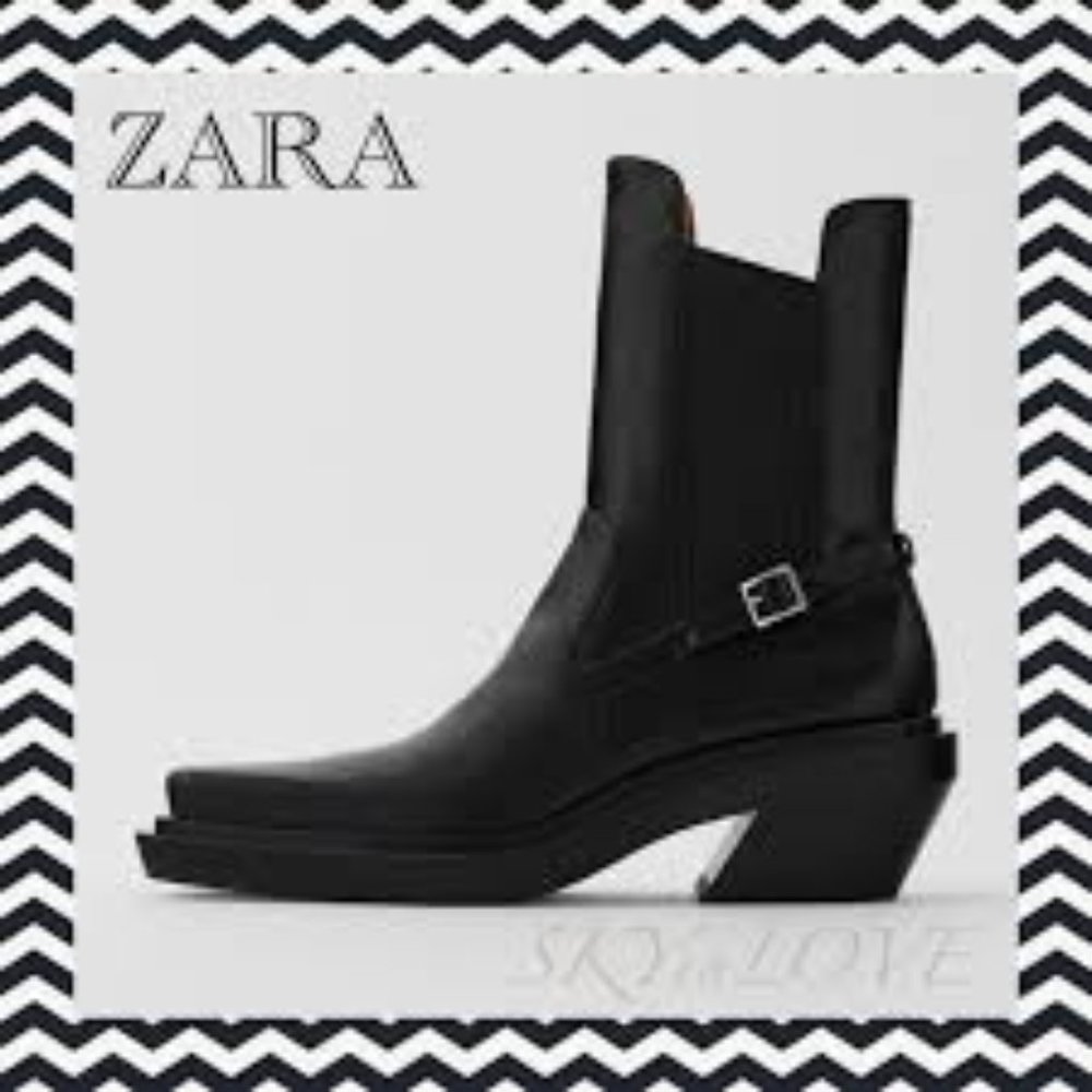 ZARA | Heeled Leather Square Toe Ankle Boots